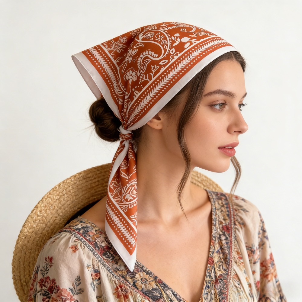 Scarf Silk Neck - وشاح حريري مربع بطباعة الكاجو، شال